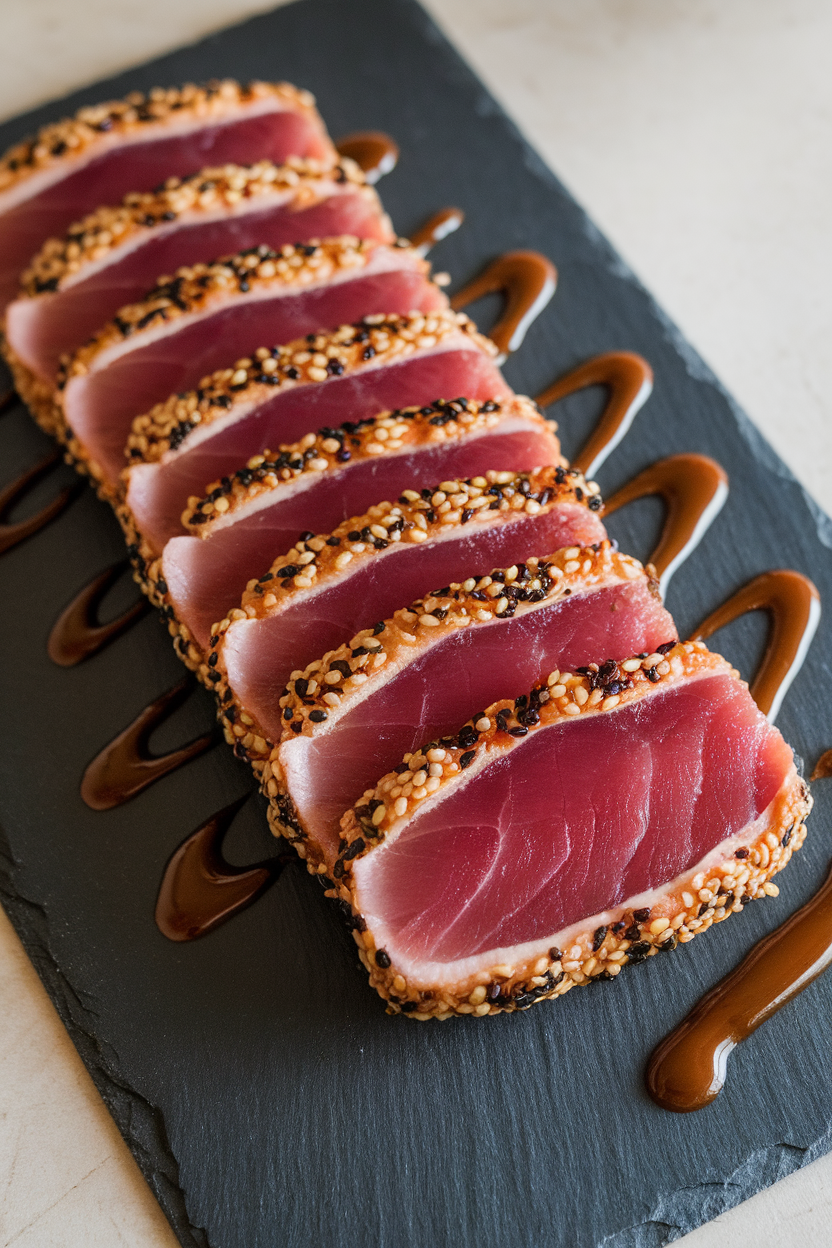 A photo of sesame-crusted, lightly seared ahi tuna slices arranged on a slate plate indoors, showing the cooked outer layer and pink center, with a drizzle of soy-ginger sauce. No text or logos present.