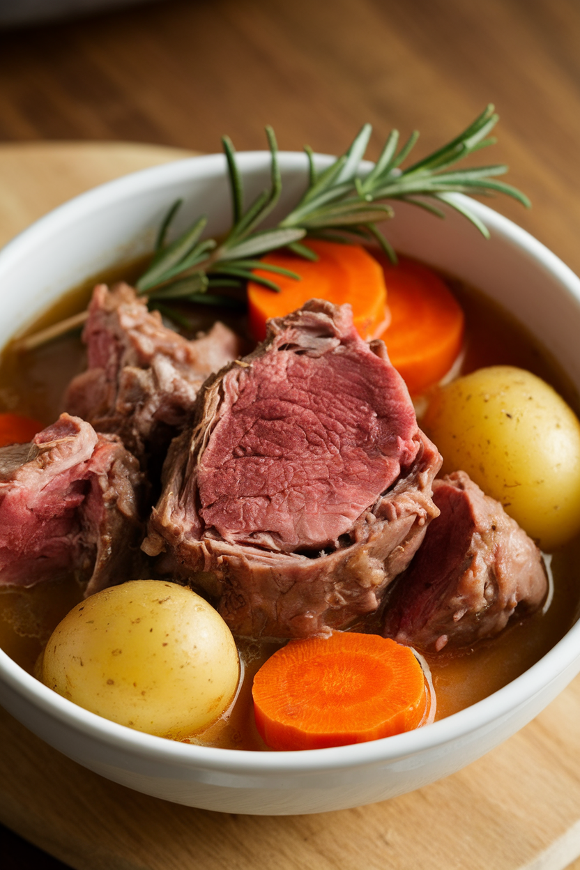 Indoor photo of tender lamb chunks with carrots and potatoes in a rich broth, rosemary sprig on top, no text or logos.