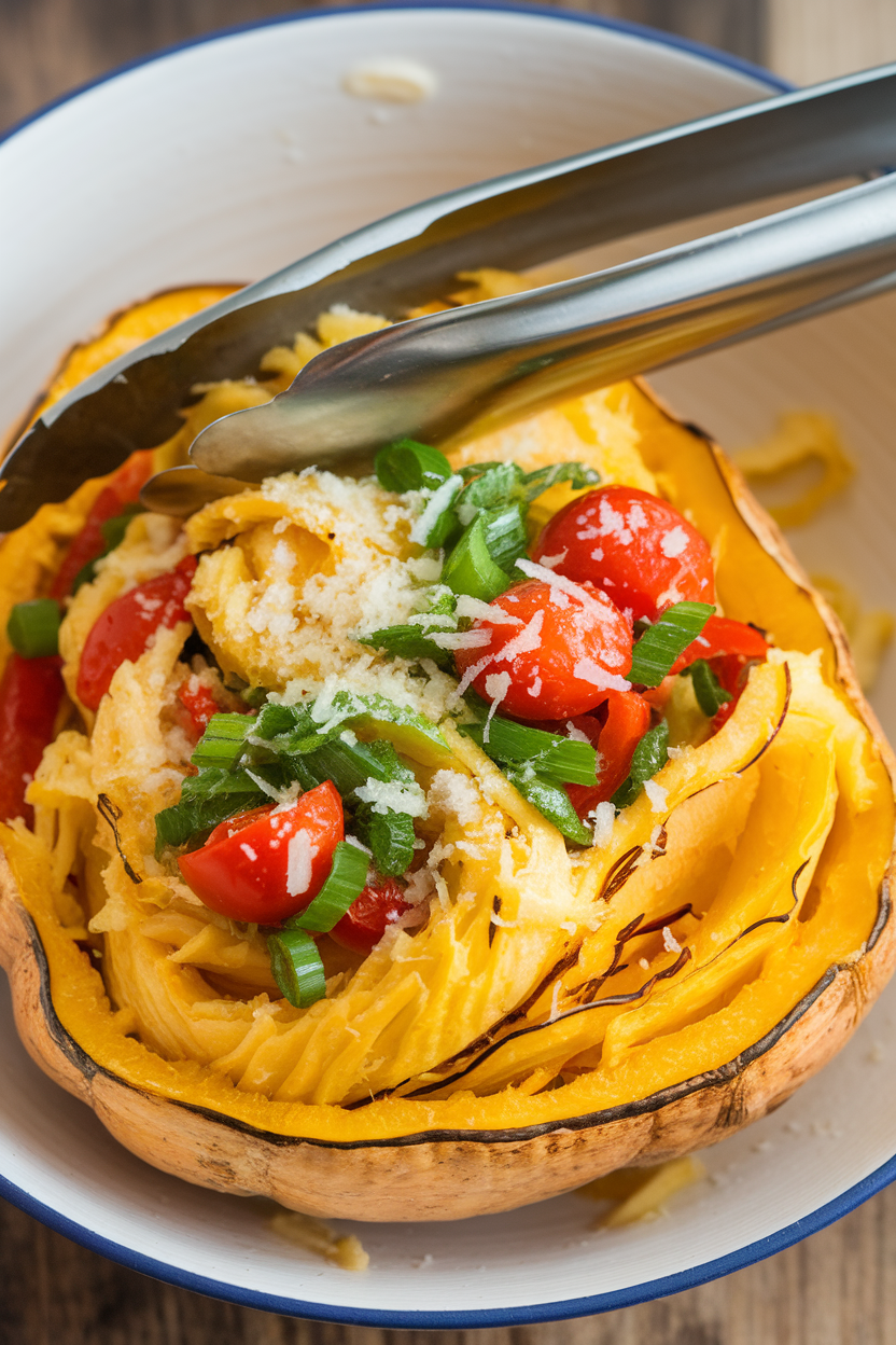 An indoor bowl of roasted spaghetti squash strands tossed with colorful vegetables and Parmesan, tongs resting inside. No text or logos anywhere.
