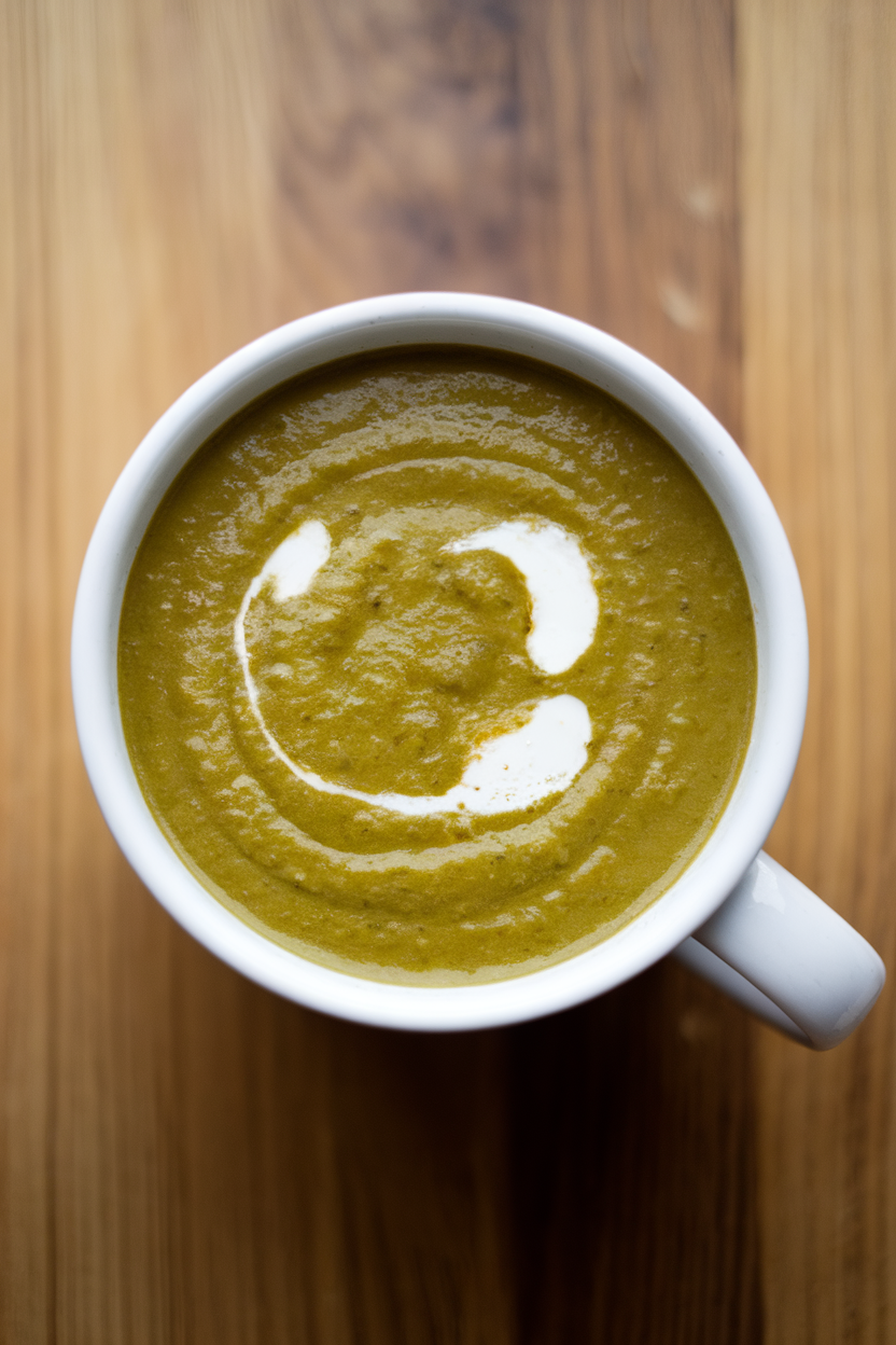 Photo prompt: An indoor mug of bright green spinach-lentil soup, tiny swirl of coconut milk on surface. No text or logos.