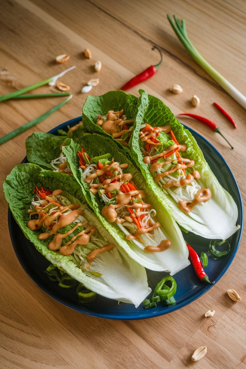 An indoor platter of romaine leaves filled with shredded vegetables and a drizzle of peanut sauce. Photo, no text or logos.