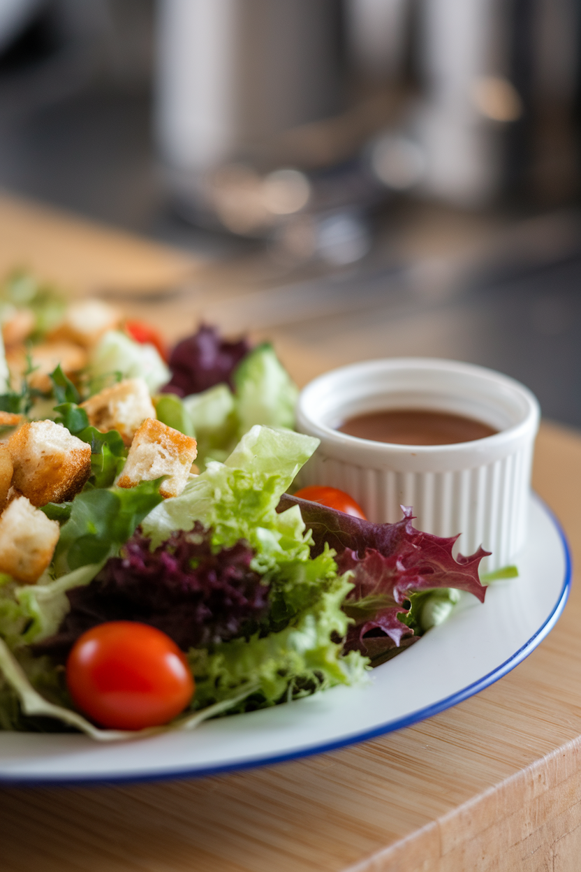 Photo prompt: An indoor salad plate accompanied by a small ramekin of dressing off to the side, no logos visible.