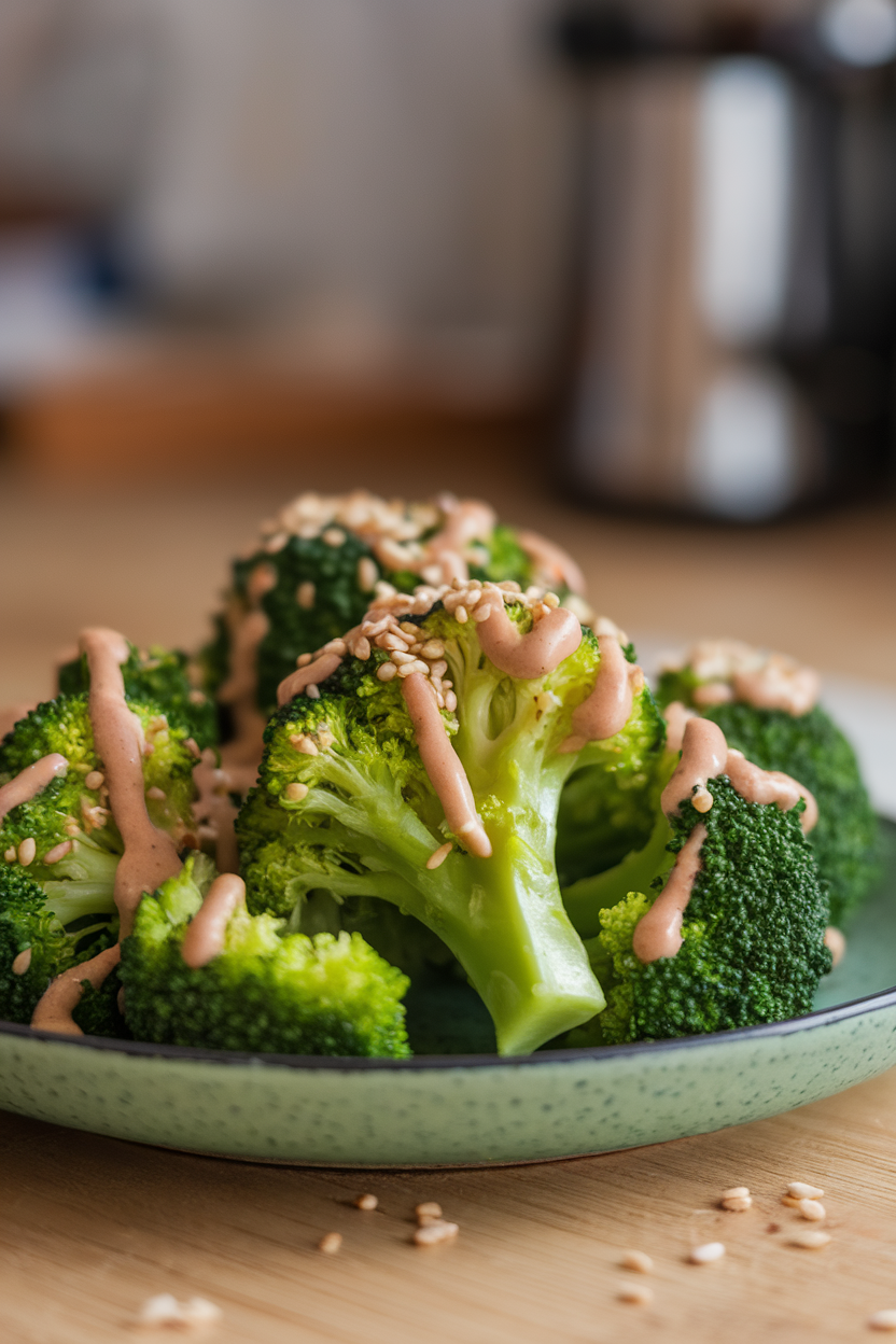Indoor plate of bright green steamed broccoli florets drizzled with sesame-ginger sauce and sprinkled with toasted sesame seeds. Even soft lighting; no text or logos present.