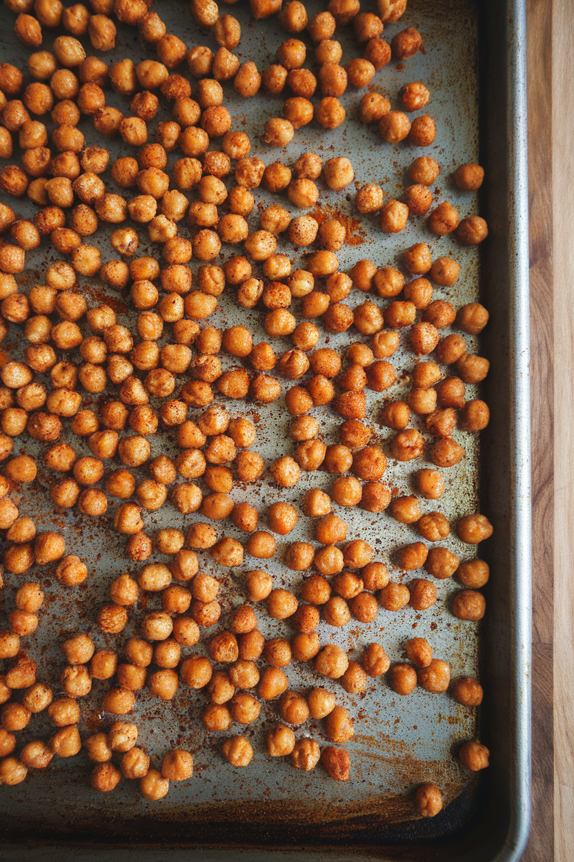 Baking sheet indoors covered with crunchy roasted chickpeas dusted with smoked paprika, no text or logos