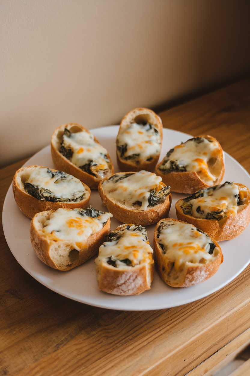 Indoor scene with small hollowed baguette sections filled with creamy spinach-artichoke mixture, cheese bubbling on top. No text or logos.