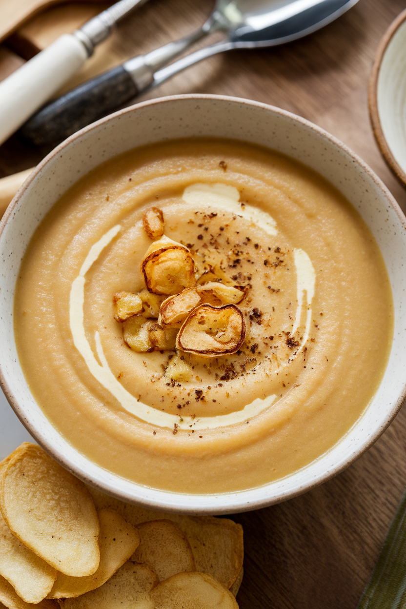 Indoor image of pale parsnip soup garnished with roasted garlic chips, no text or logos.