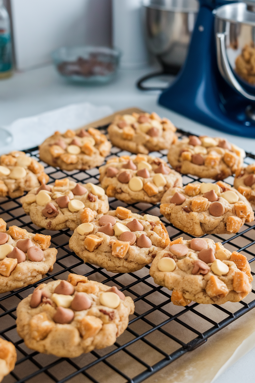 Indoor rack cooling chewy cookies loaded with toffee bits and butterscotch chips. Photo, no text or logos.