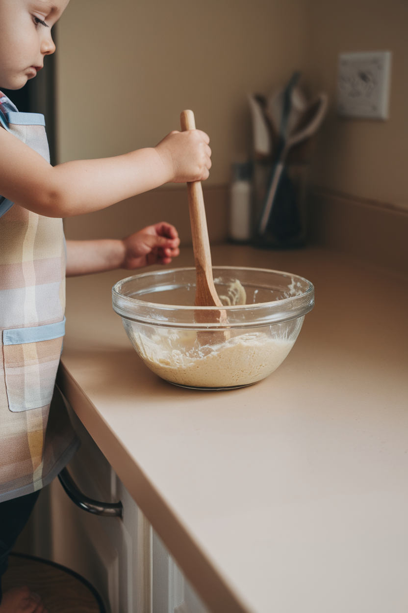 Indoor photo of a child wearing a small apron stirring batter in a glass bowl on a countertop, gentle overhead lighting, no text or logos