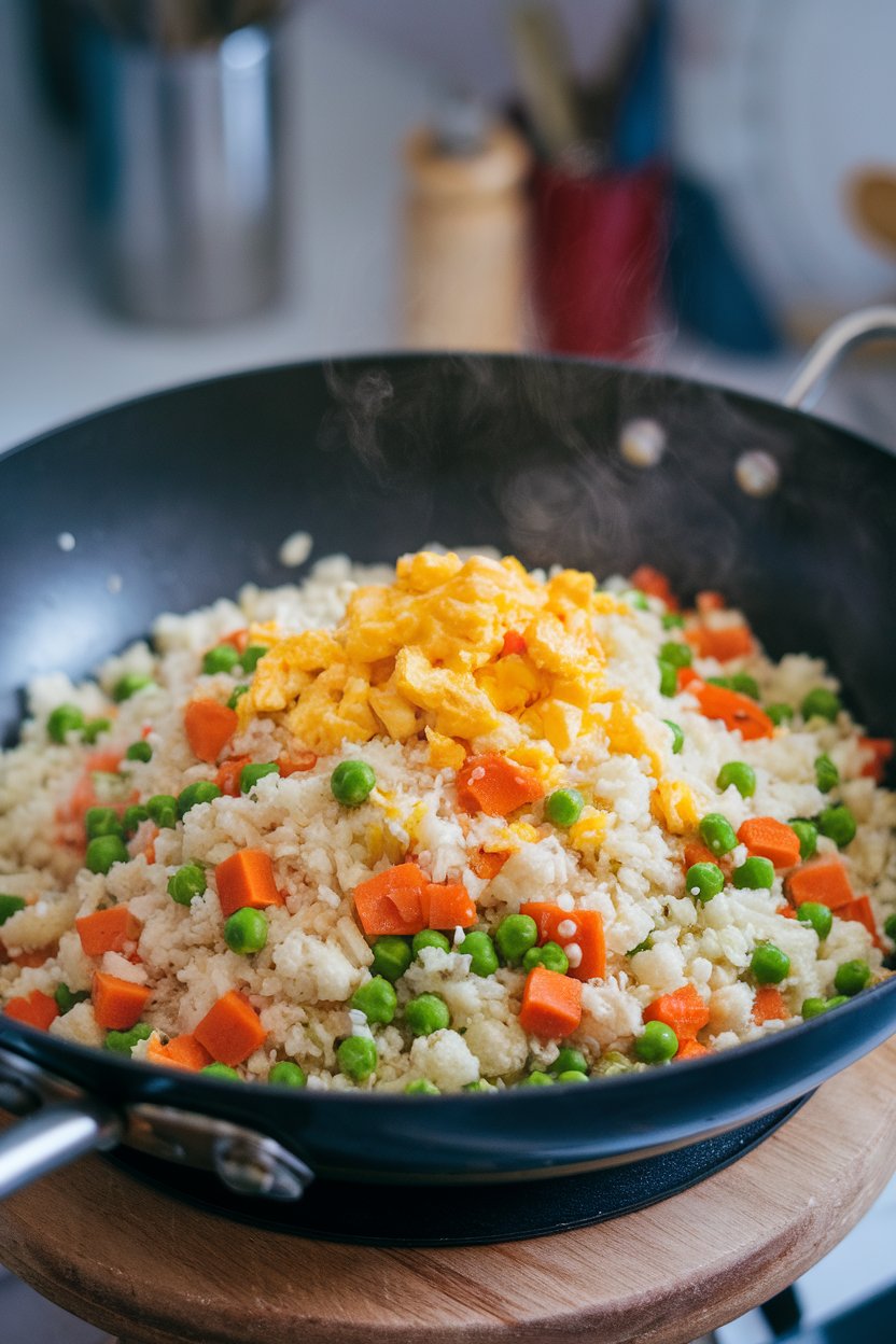 An indoor wok filled with riced cauliflower, peas, carrots, and scrambled egg bits, steam rising. No text or logos. Photo.