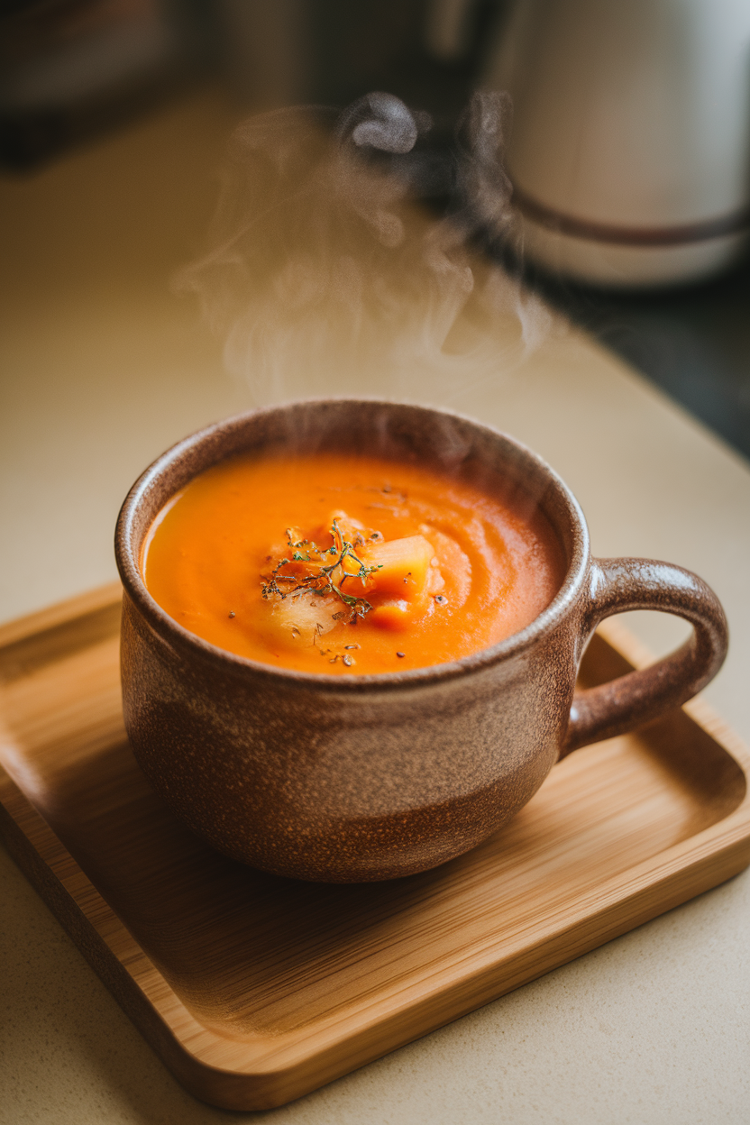 Photo of bright orange carrot-ginger soup in small handled mugs on an indoor tray. No text or logos. Photo, not illustration.