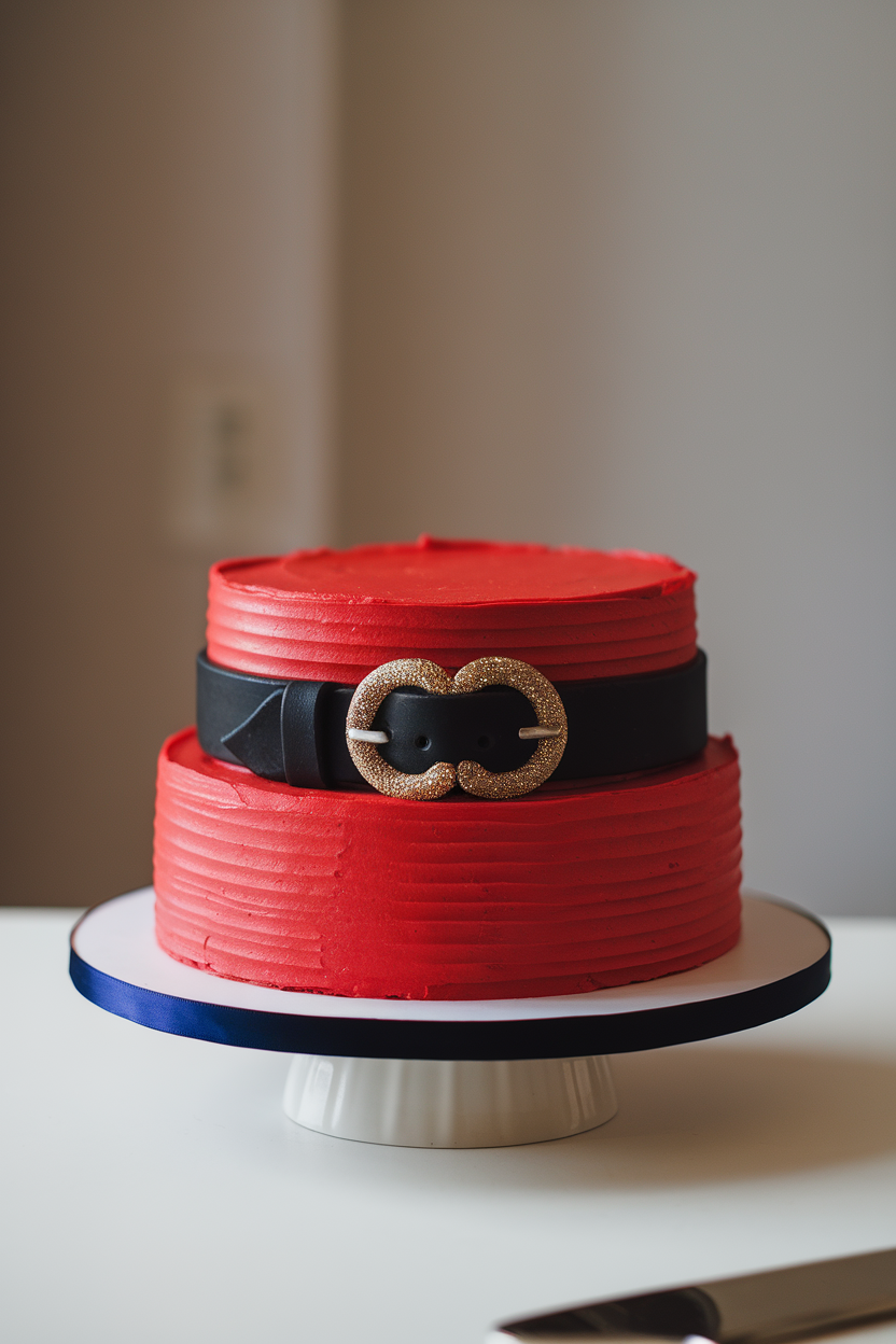 Red buttercream-covered layer cake indoors, wrapped with a black fondant belt and a shimmering gold buckle, resting on a simple white cake stand. No text or branding.