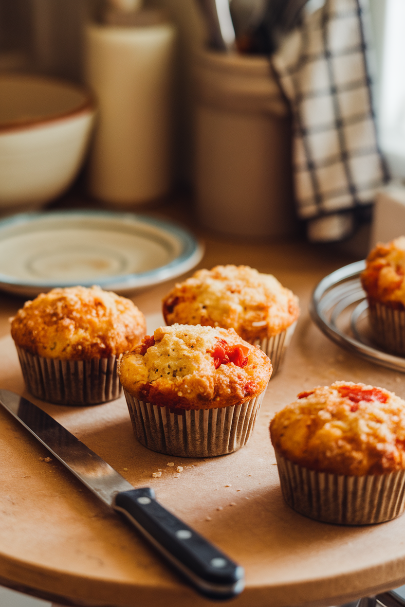 Indoor photo of savory muffins with visible tomato bits and parmesan crust, warm kitchen counter, no text or logos