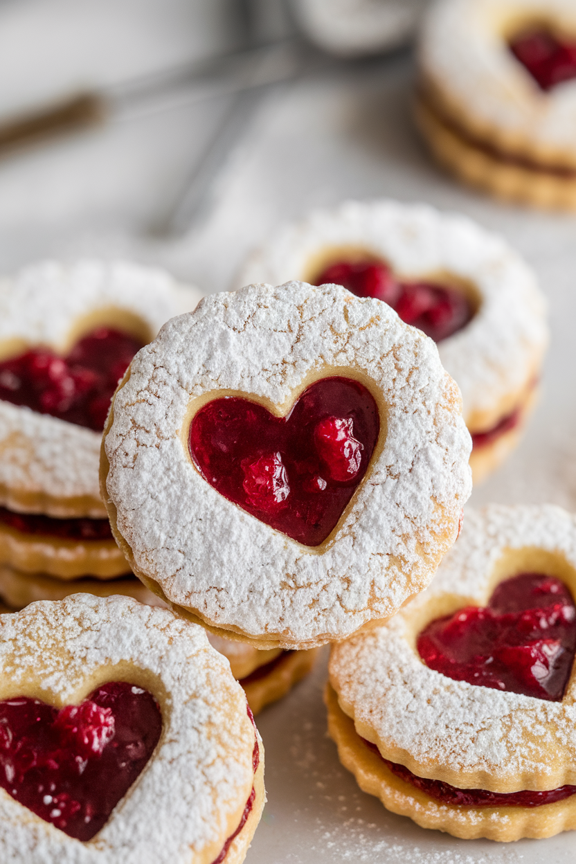 Close-up indoor photo of Linzer cookies with heart-shaped cut-outs showing vibrant raspberry jam, light snow of powdered sugar on top; no text or logos.