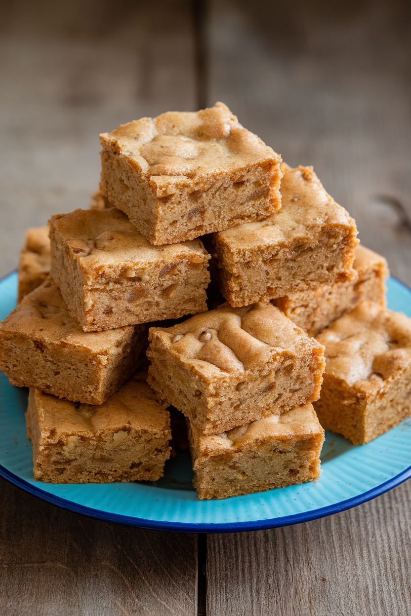 An indoor plate stacked with square blondies, golden brown with visible specks of ginger—no text or logos; photo, not illustration