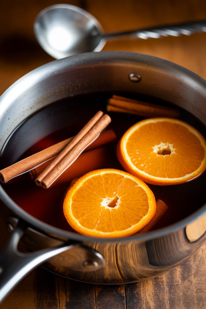 Indoor image of a saucepan of mulled wine with orange slices and cinnamon sticks, ladle resting, no text or logos.
