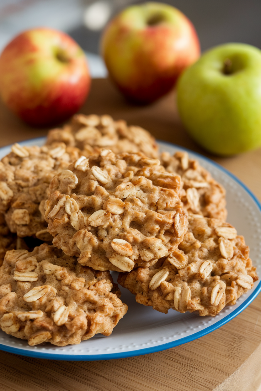 Photo prompt: Plate of apple-cinnamon breakfast cookies with visible oat flakes, indoor morning light, no text or logos.