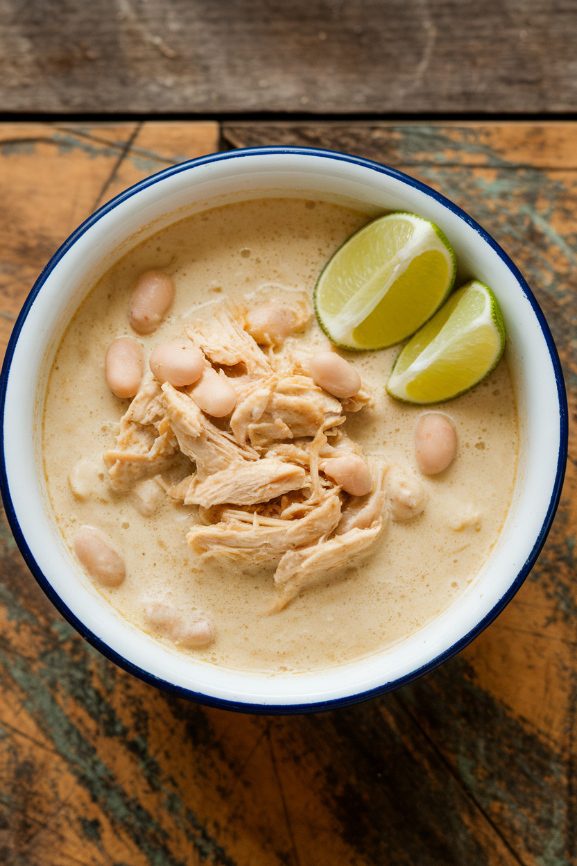 Indoor photo of a white enamel bowl of creamy white chicken chili, shredded chicken and white beans peeking through, finished with lime wedges; no text or logos.