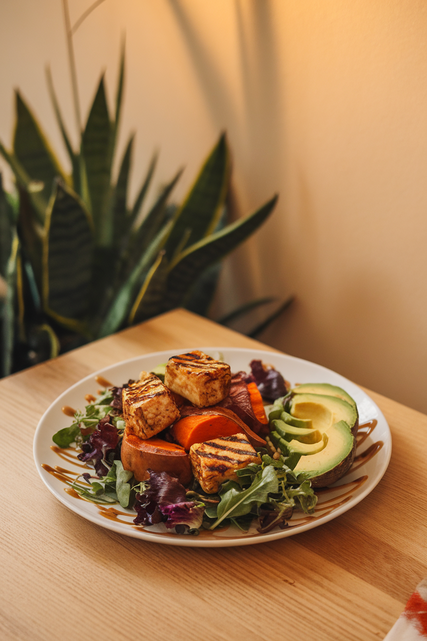 Photo of an indoor dining table showing a bowl of grilled tempeh cubes, roasted sweet potato, avocado slices, and mixed greens, drizzled with tahini. No logos or text present.