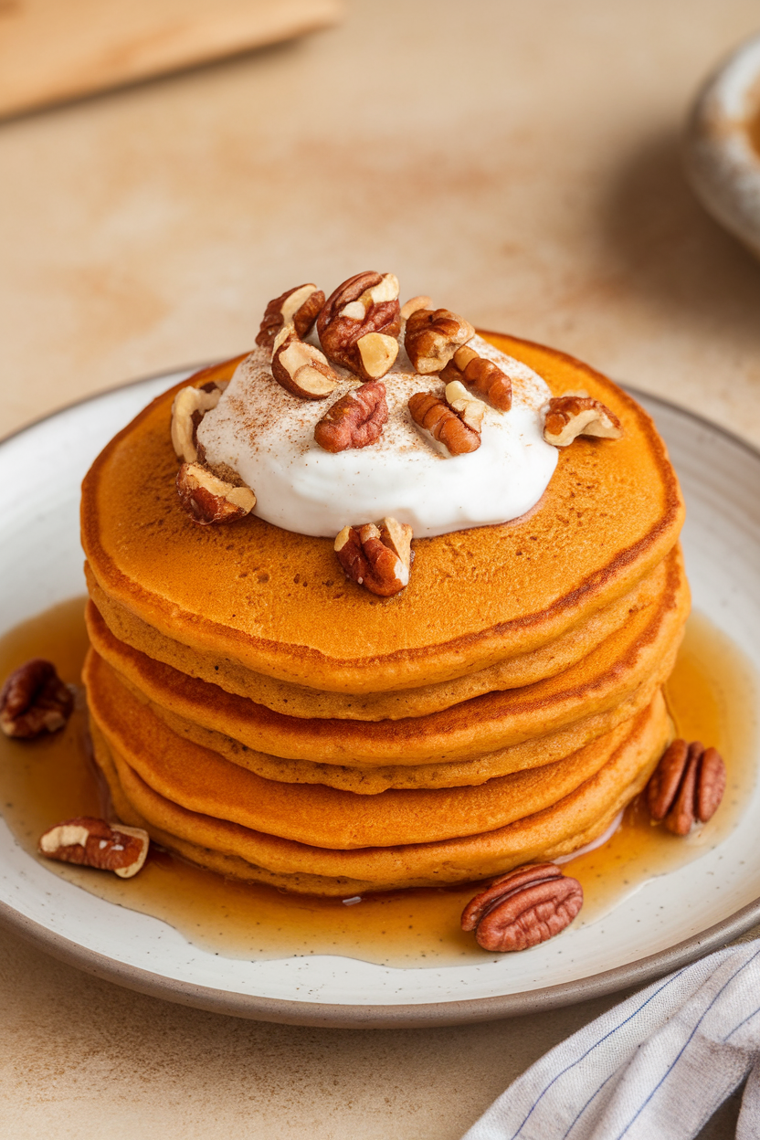 Indoor photo of orange-hued pancakes topped with a dollop of cinnamon yogurt and chopped pecans; no text or logos.