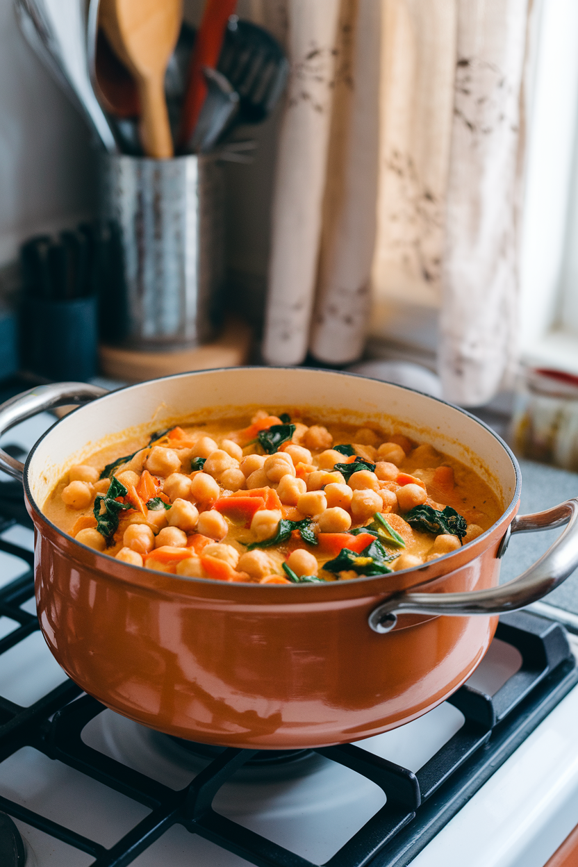 An indoor stovetop pot of golden coconut curry filled with chickpeas, carrots, and spinach. No text or logos present.