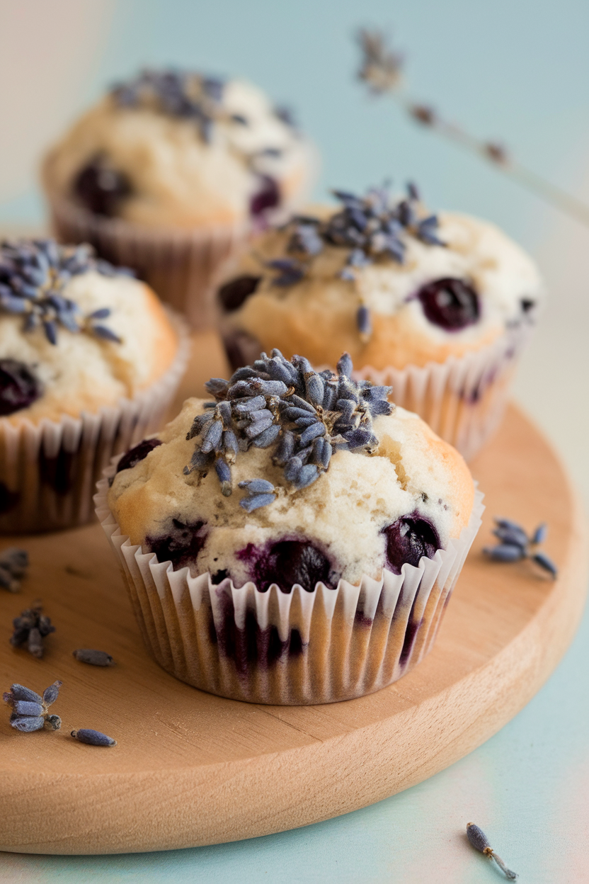 Indoor photo of blueberry muffins sprinkled with dried culinary lavender buds, pastel backdrop, no text or logos