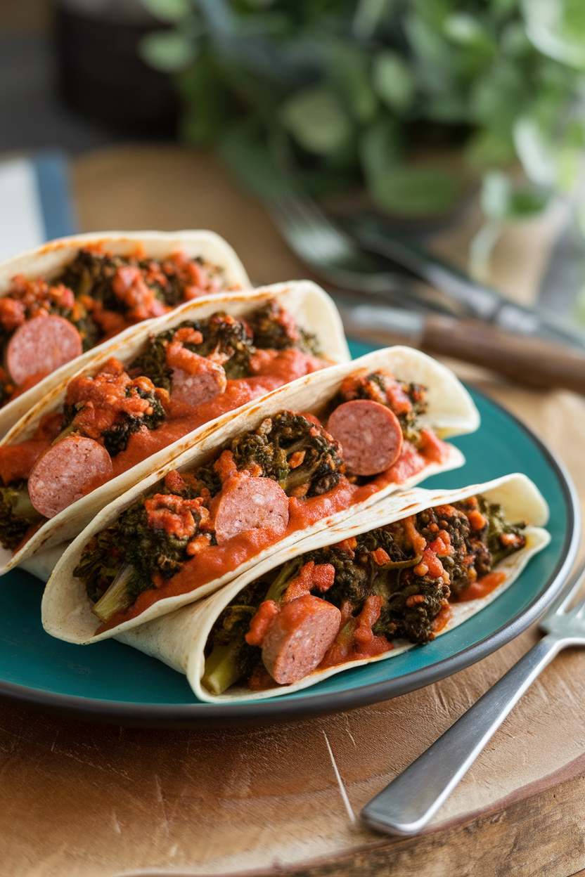 Photo of tortillas filled with broccoli rabe and lean turkey sausage, coated in red sauce, indoor setting, no logos.