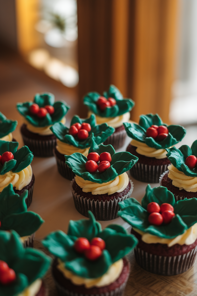 Photo of a warmly lit indoor table displaying cupcakes crowned with glossy green fondant leaves and bright red candy “berries,” no text or logos.