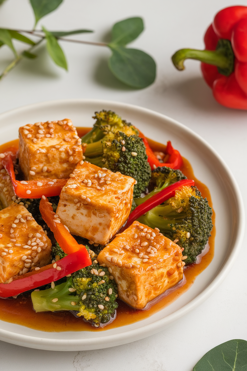 Indoor photo of golden sesame-crusted tofu cubes with broccoli and red pepper strips in a glossy stir-fry sauce. No text or logos.