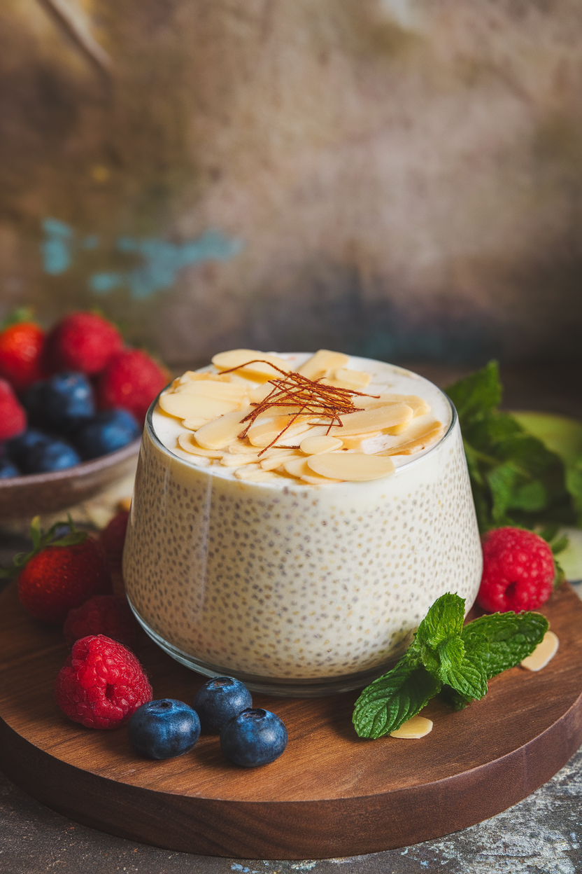 Photo prompt: An indoor dessert bowl of creamy coconut-milk chia kheer topped with sliced almonds and a few saffron strands. No text or logos in scene.