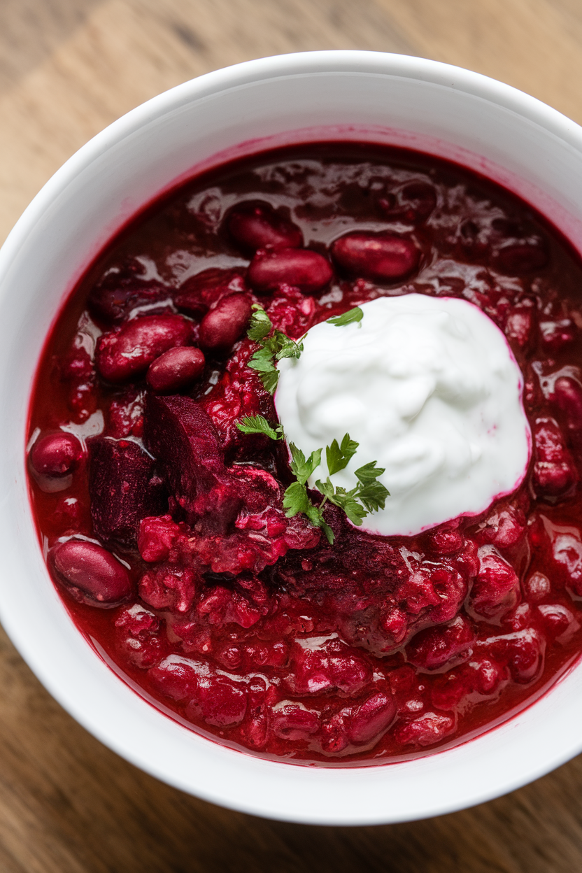 Indoor photo of deep crimson beet chili with kidney beans, dollop of yogurt on top; no text or logos.