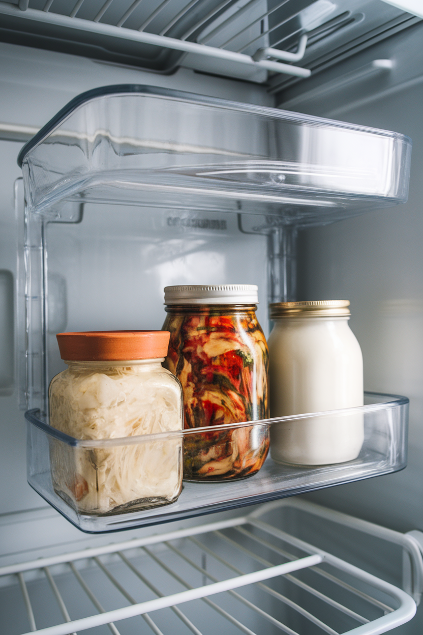 A refrigerator door shelf holding small jars of sauerkraut, kimchi, and plain kefir, all unbranded. No text or logos. Photo.