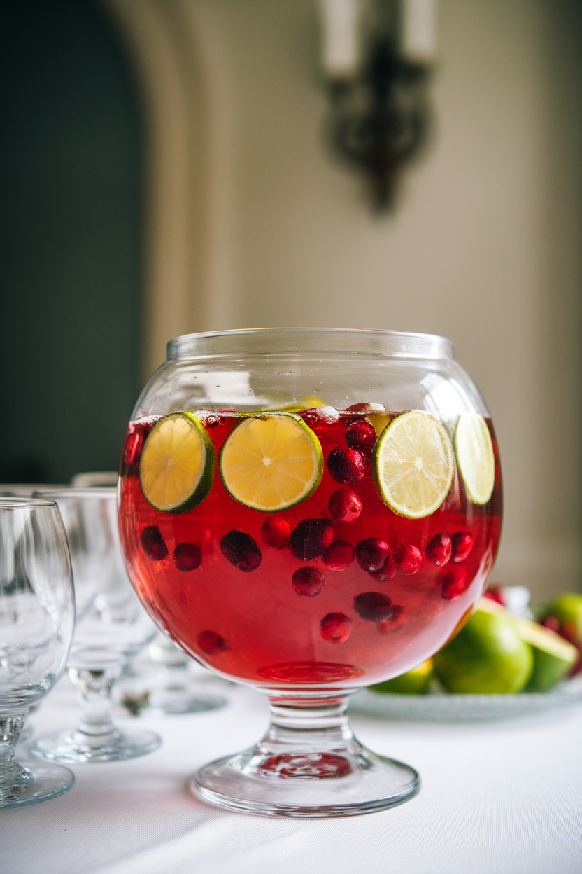 Indoor photo of a punch bowl filled with bubbly cranberry punch, floating lime wheels and cranberries, no text or logos.