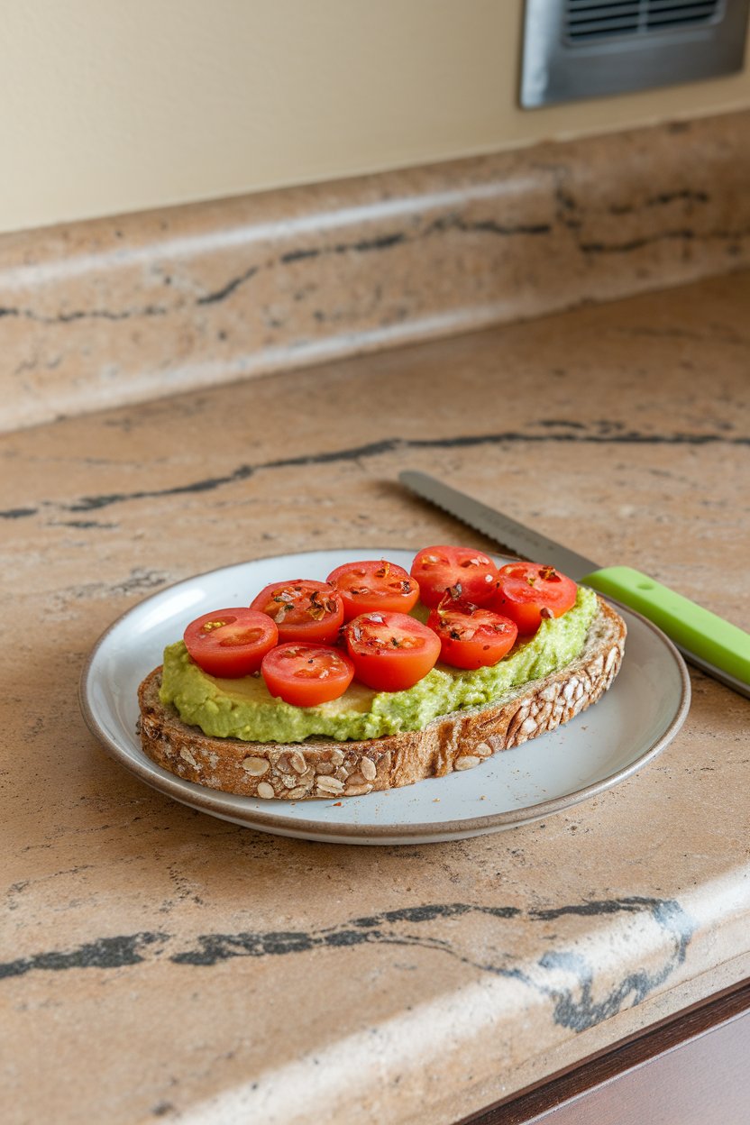Indoor kitchen counter with a slice of seeded bread spread with mashed avocado, topped with halved cherry tomatoes and a sprinkle of chili flakes; bright, even lighting, no text or logos.