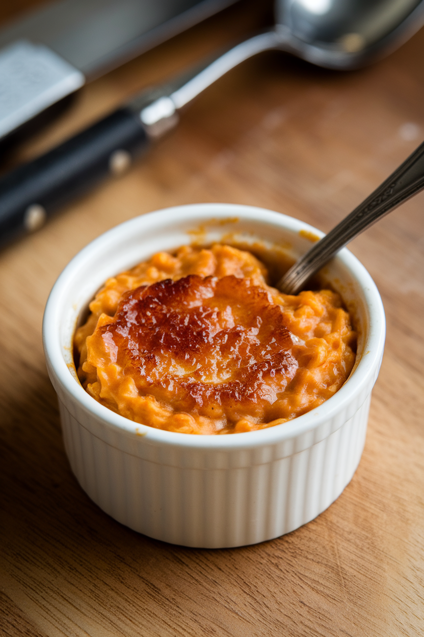 A small ramekin indoors filled with pumpkin oatmeal topped with a torched sugar crust, spoon cracking through, no text or logos.