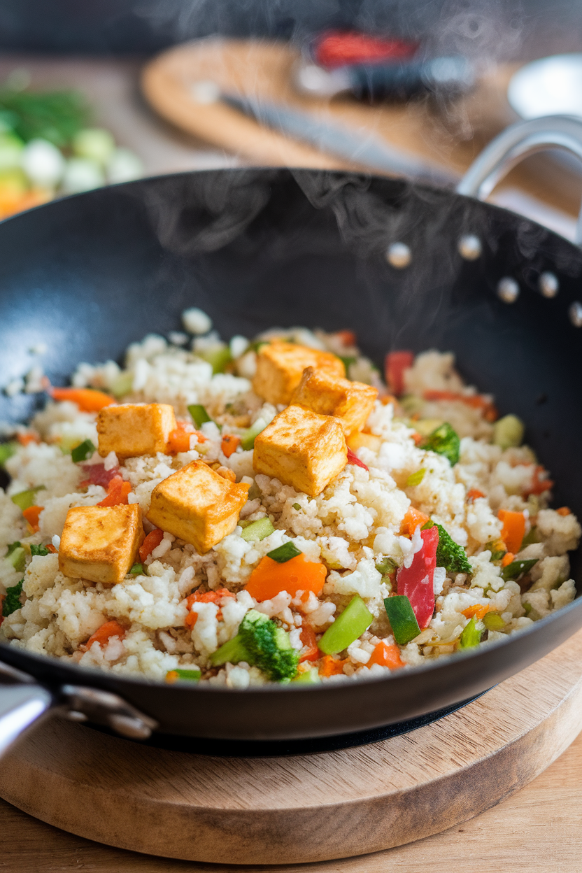 Indoor wok scene featuring cauliflower rice tossed with colorful vegetables and golden tofu cubes, steam rising. No logos or text; photo only.