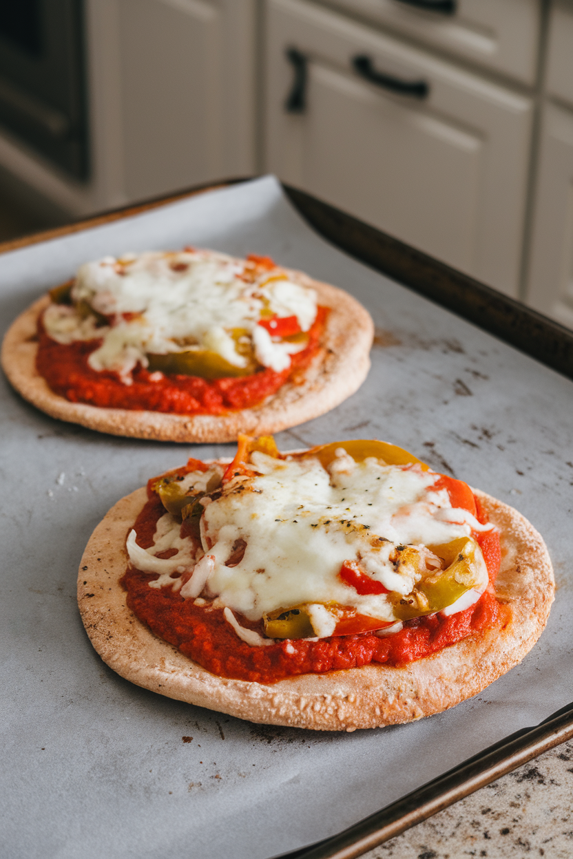 Two six-inch whole-wheat pitas on an indoor baking sheet, each topped with tomato sauce, vegetables, and melted mozzarella. No text or logos.