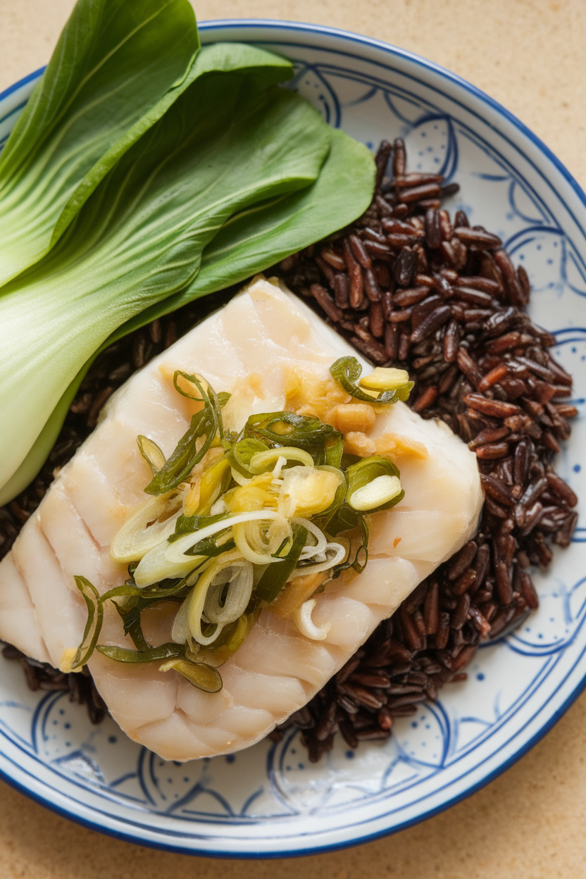 Indoor photo of white cod fillet with ginger-scallion topping, black forbidden rice, and bright bok choy leaves on a plate. No text or logos.