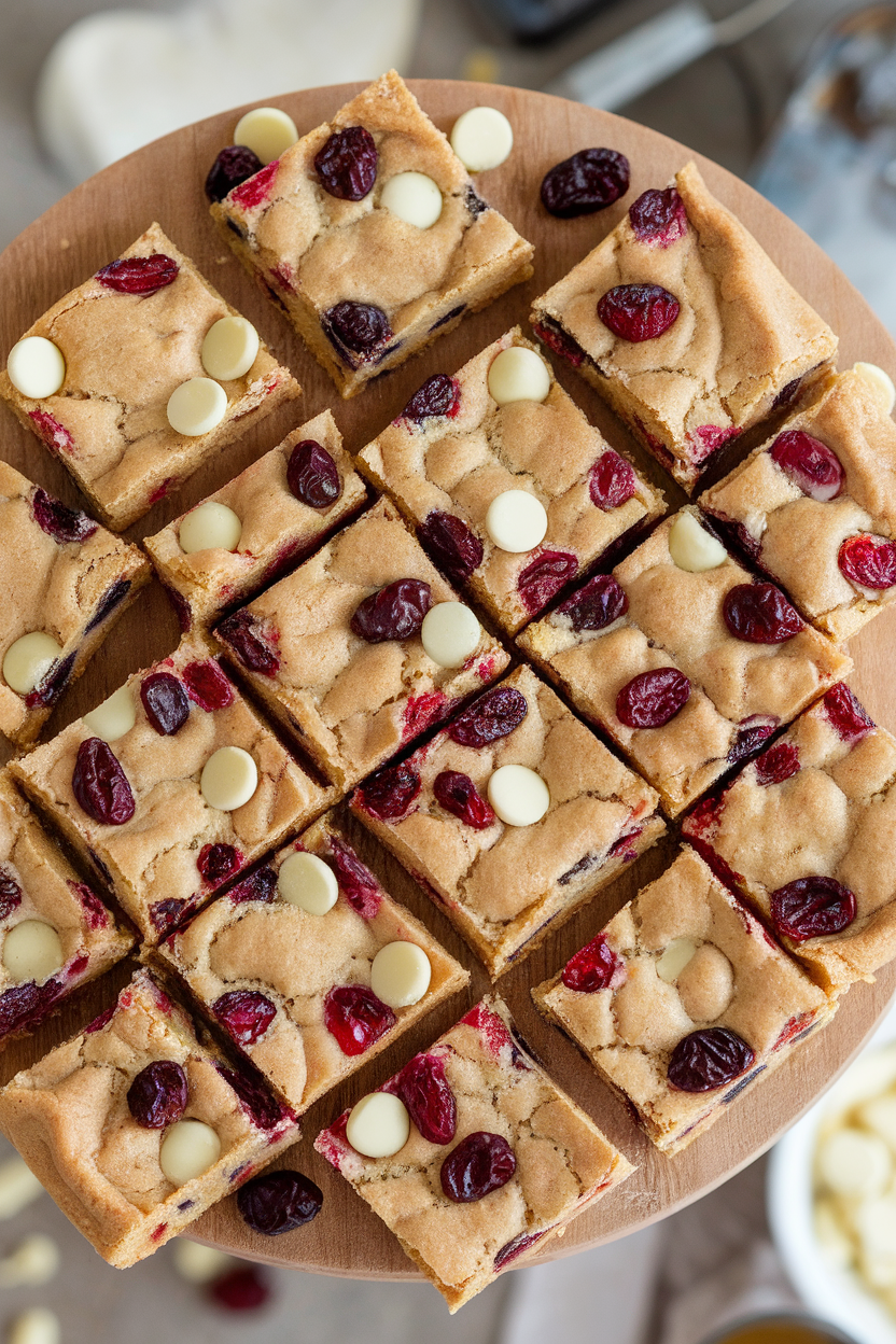 Indoor overhead shot of blondie squares studded with dried cranberries and white chocolate chunks on a wooden board; no text or logos.