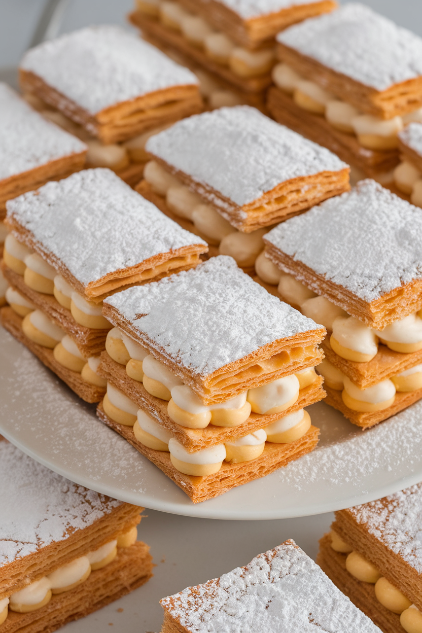 Indoor photo of layered puff pastry slices with pastry cream and powdered sugar top, neat rectangular cuts, no text or logos