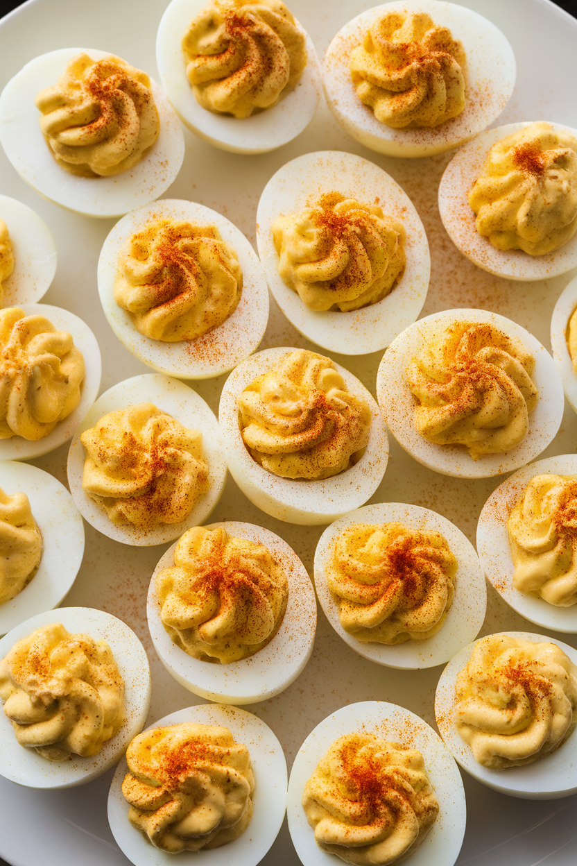 Indoor platter of deviled egg halves filled with creamy yolk mixture, sprinkled with paprika, no text or logos.