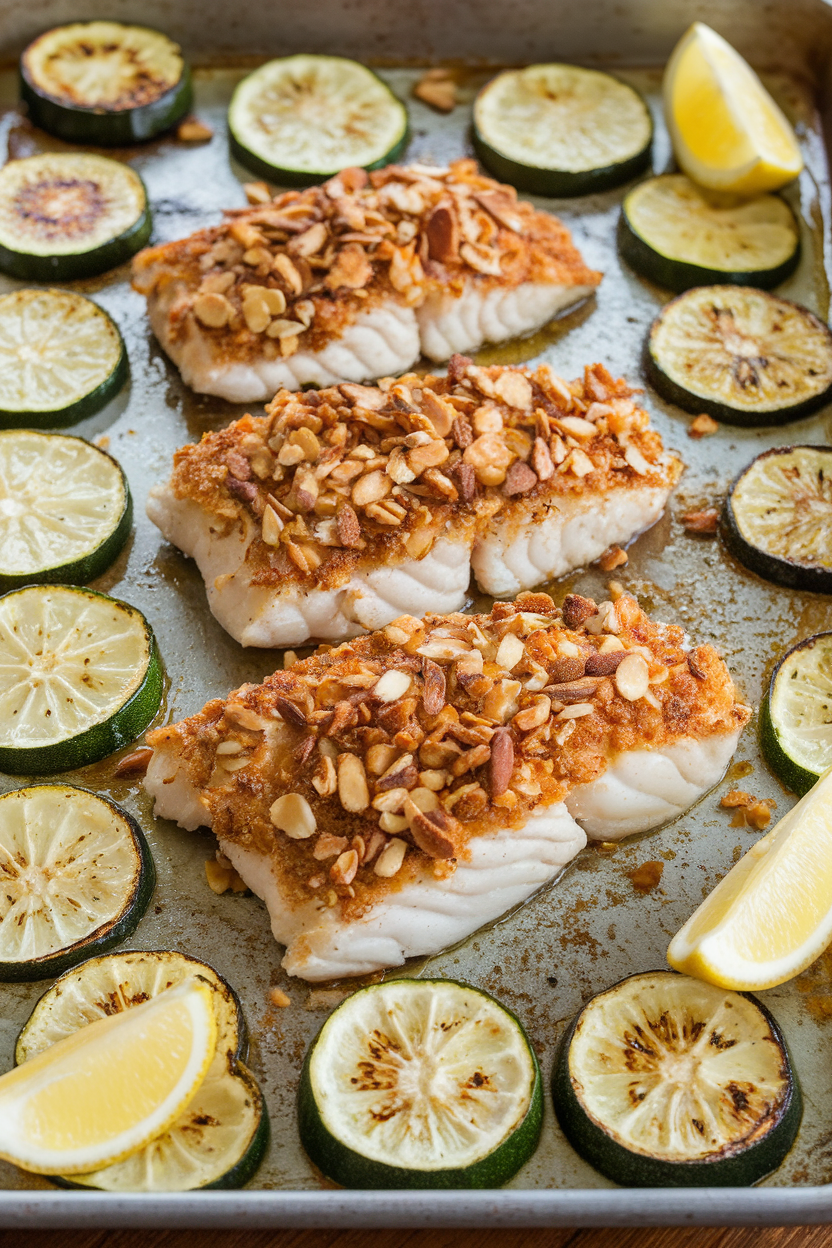 Indoor baking tray showing almond-crusted tilapia fillets beside roasted zucchini rounds, lemon wedges nearby. No text or logos; photo only.