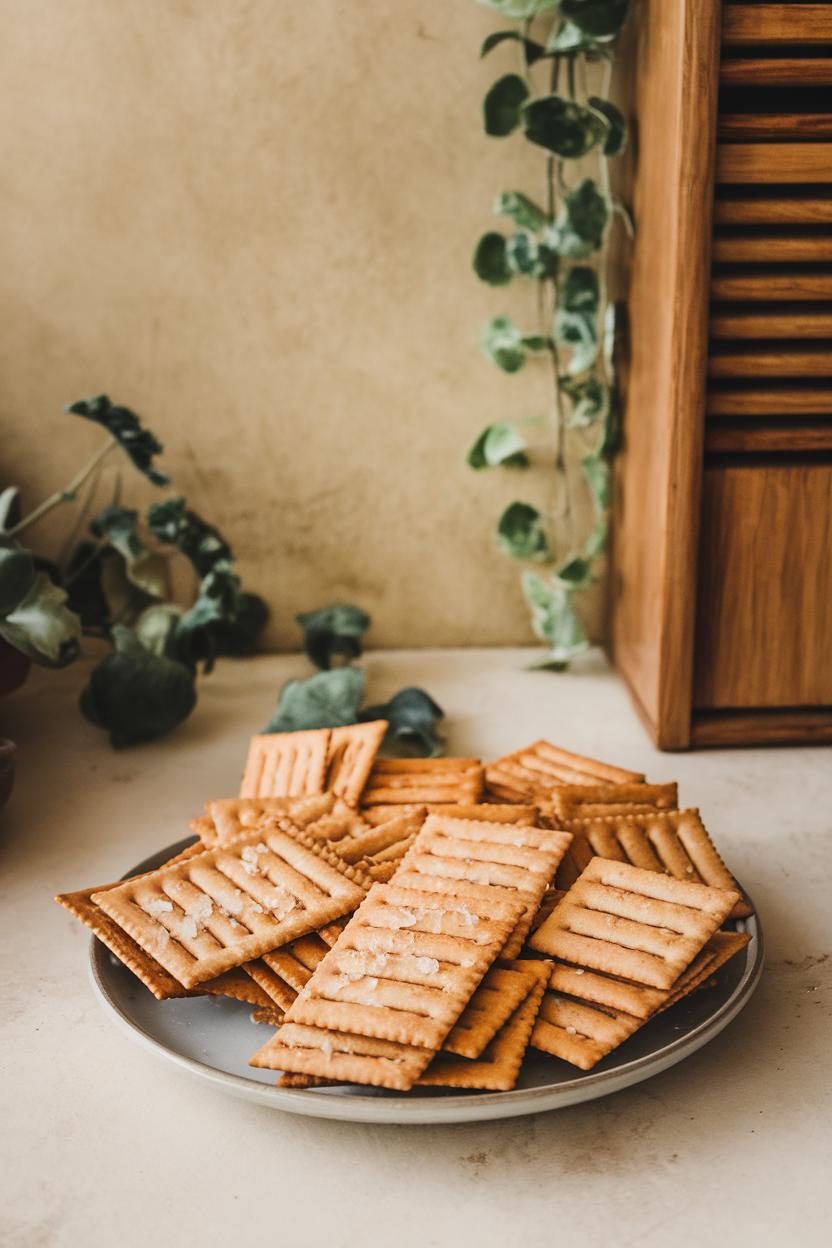 An indoor kitchen counter with a tray of thin, golden crackers scored into rectangles, sea salt flakes visible. No text or logos. Photo only.