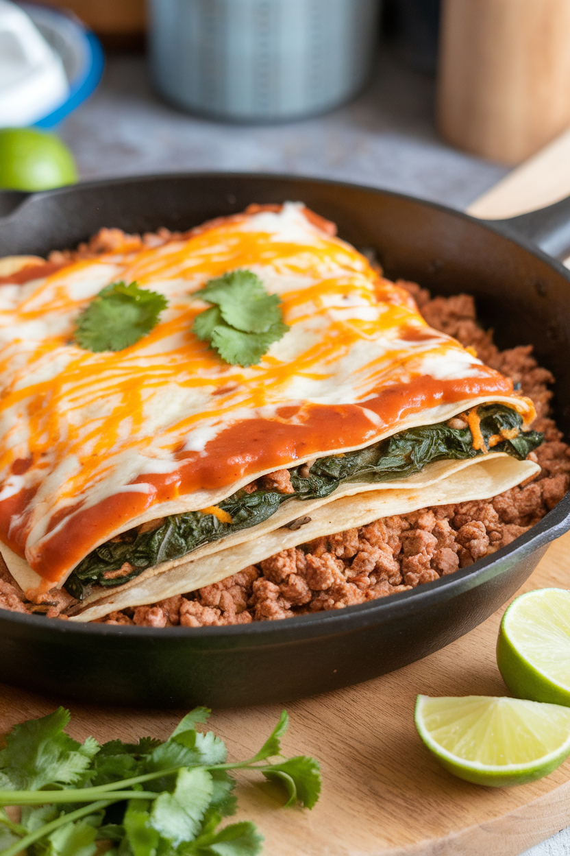 Indoor photo of a skillet layered with ground turkey, spinach, corn tortillas, and enchilada sauce, cheese lightly melted on top, no text or logos.