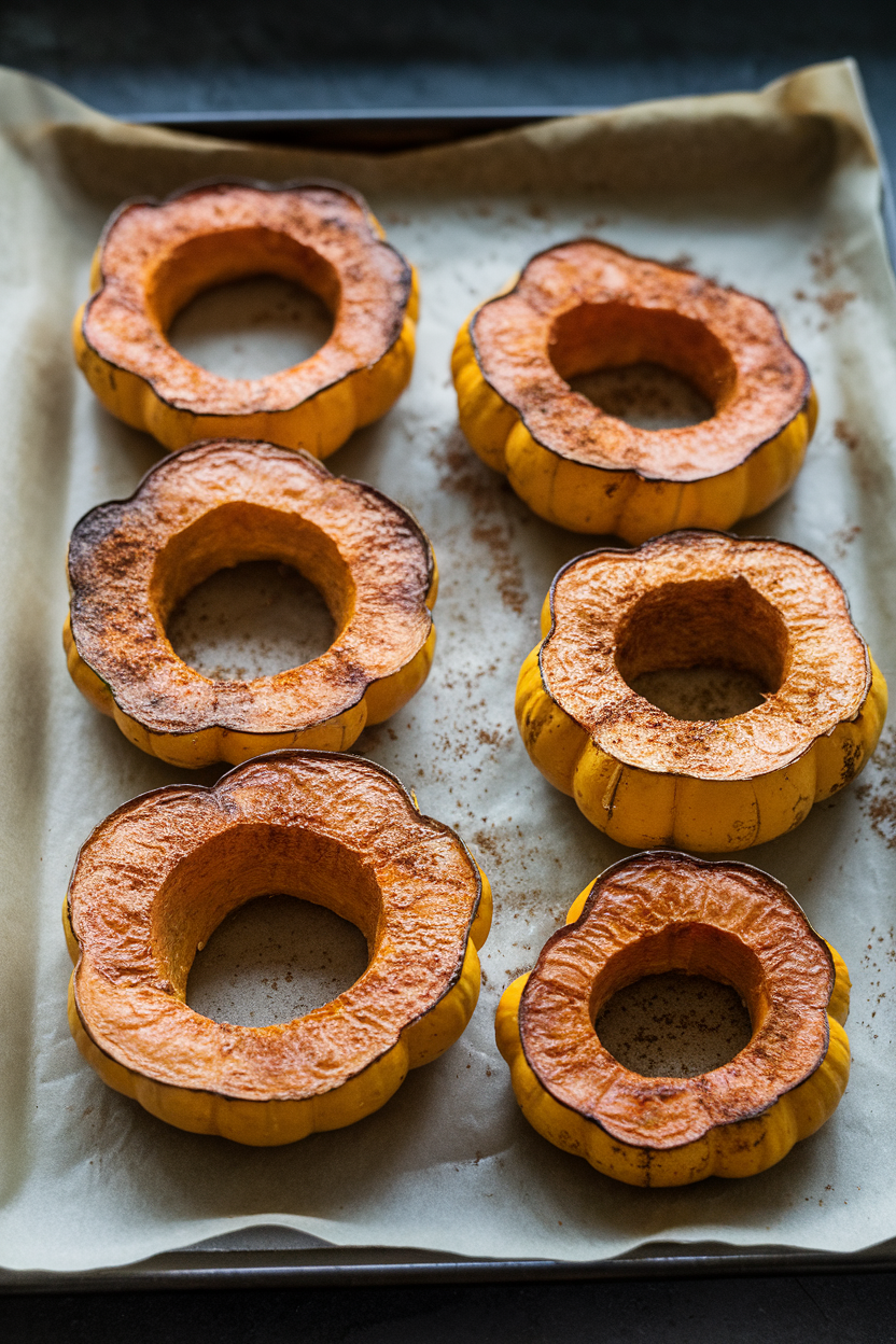 A parchment-lined tray indoors with roasted delicata squash rings dusted with smoked paprika and cumin. No text or logos. Photo.