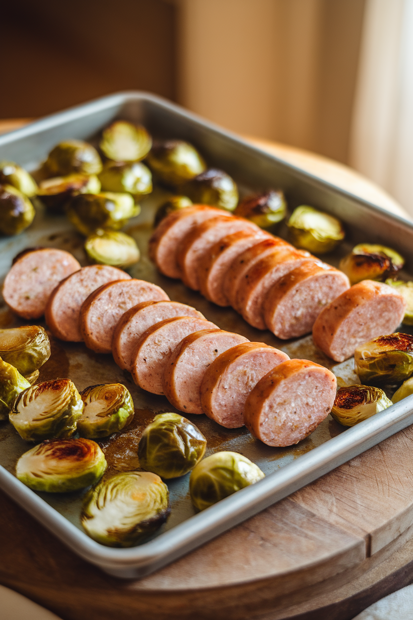 Photo of sliced chicken sausage rounds and roasted Brussels sprouts on a sheet pan, glistening with olive oil, warm indoor lighting. No text or logos.</Prompt