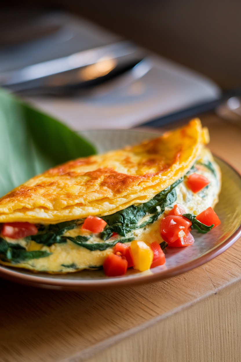 Indoor photo of a folded omelet bursting with spinach, diced tomatoes, and bell peppers, served on a small plate. No text or logos.