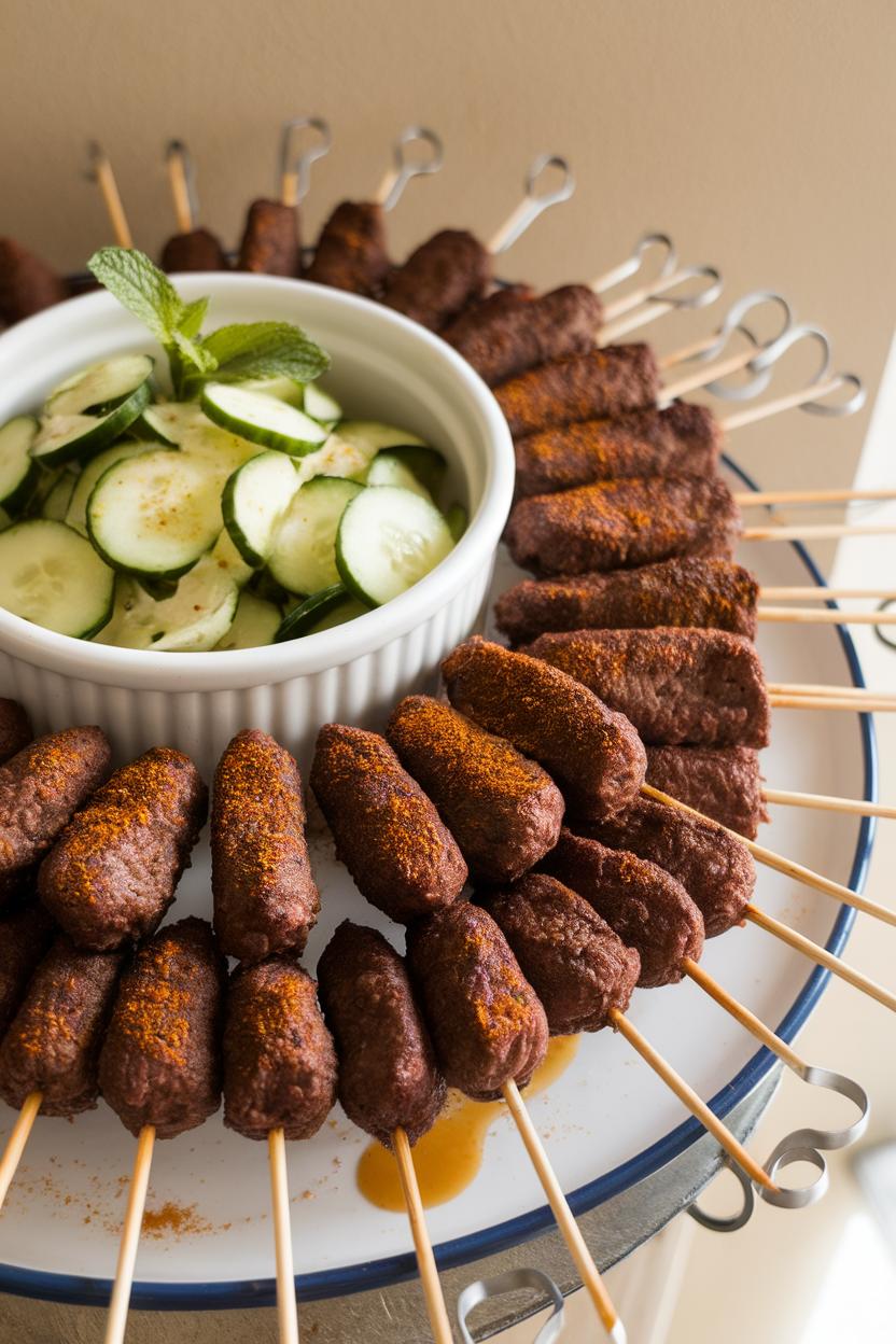 Indoor platter with oval beef kofta skewers dusted with sumac, served beside cucumber salad. No logos; photo.</p