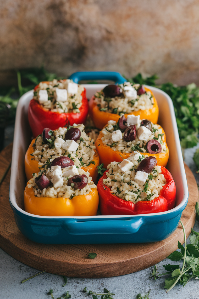 Indoor casserole dish filled with bell peppers stuffed with herbed rice, olives, and feta, tops lightly browned. No text or logos. Photo.