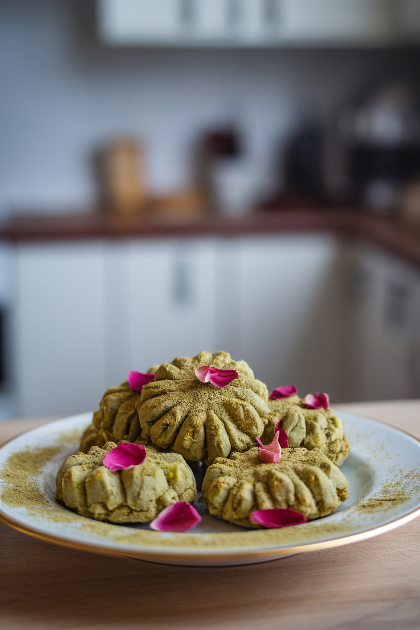 Photo prompt: Pistachio cookies with rose petals and cardamom dusting on a plate indoors, no branding.