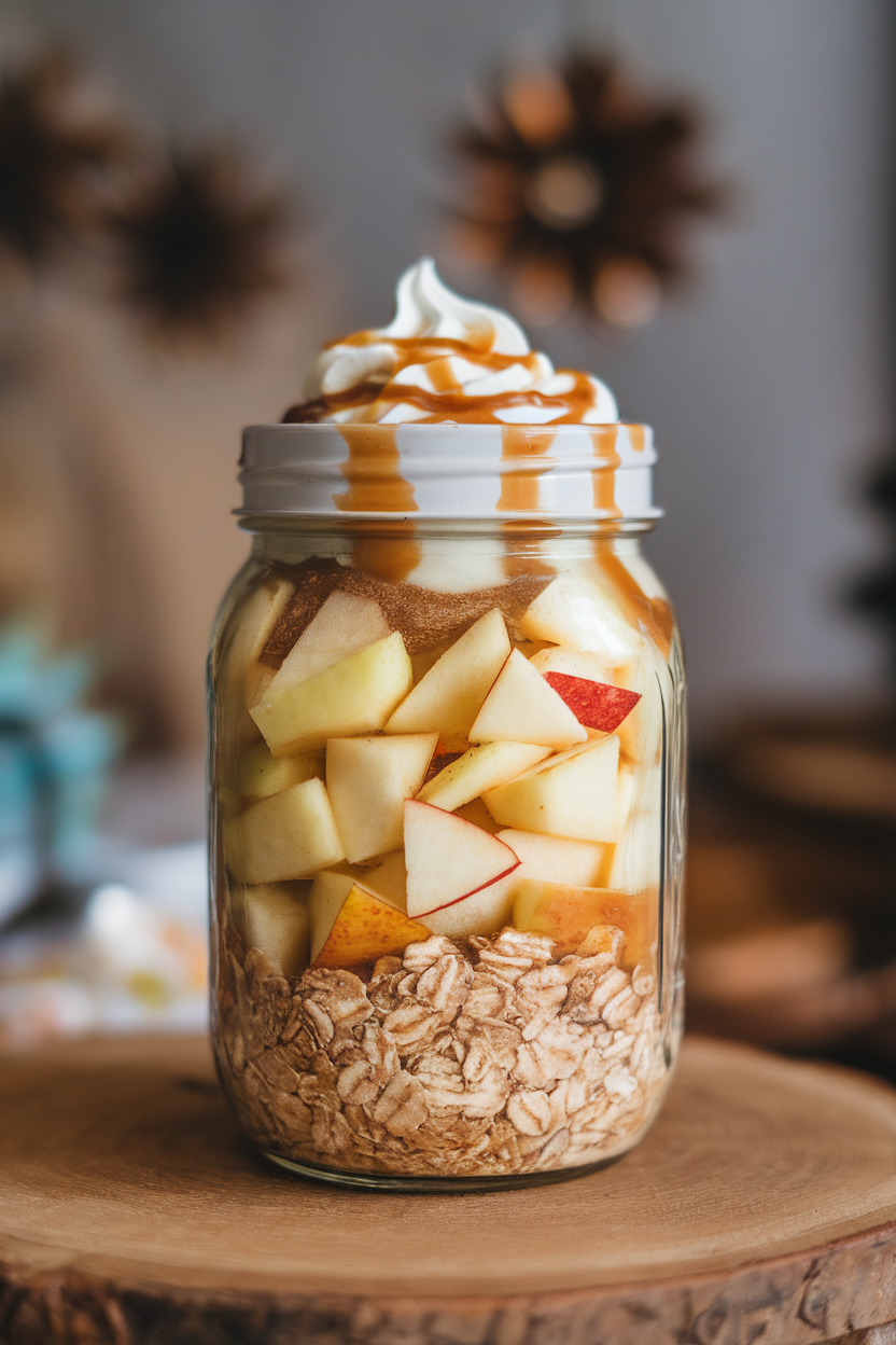Photo of an indoor mason jar layered with oats, diced cooked apples, cinnamon, and a swirl of caramel sauce on top. No text or logos visible.